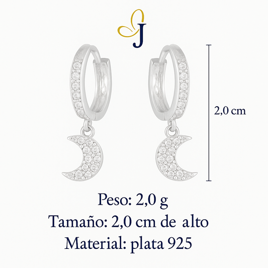 Arete Huggie De Plata 925 Con Colgate De Luna Y zirconias