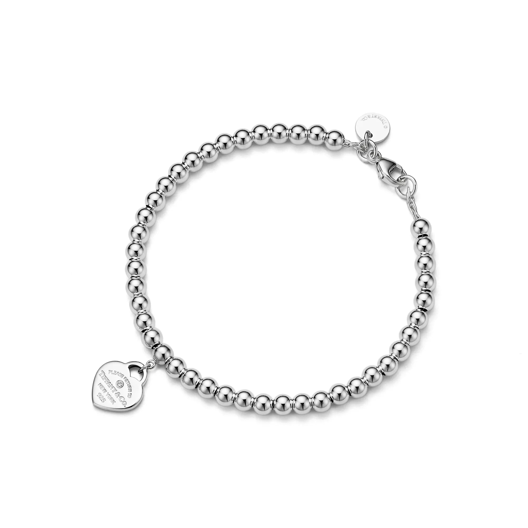 Pink Mini Heart Bead Bracelet in Silver with a Diamond, 4 mm