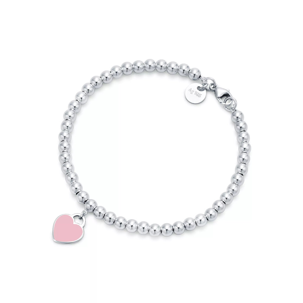 Pink Mini Heart Bead Bracelet in Silver with a Diamond, 4 mm
