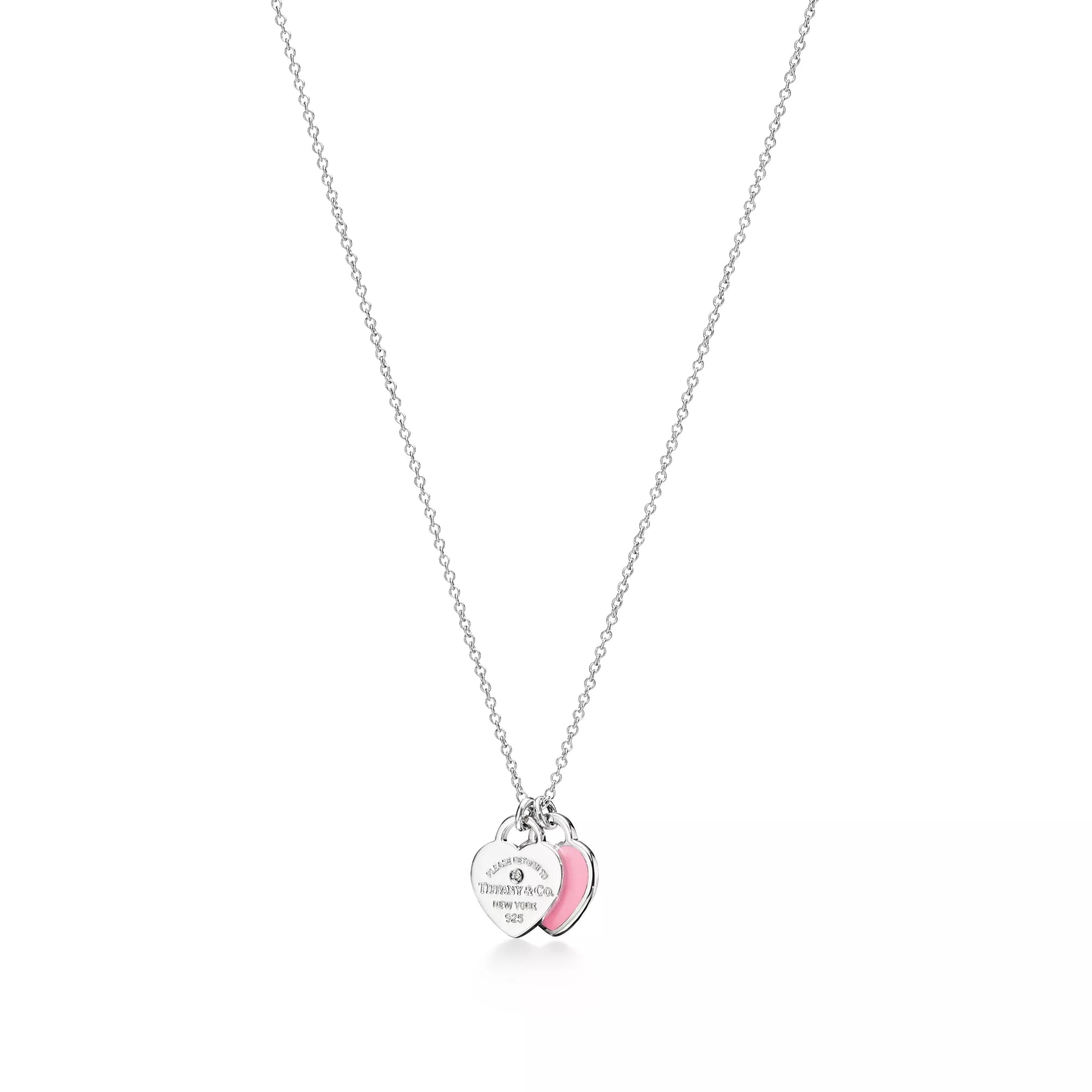 Return to Tiffany®:Pink Double Heart Tag Pendant in Silver with a Diamond, Mini